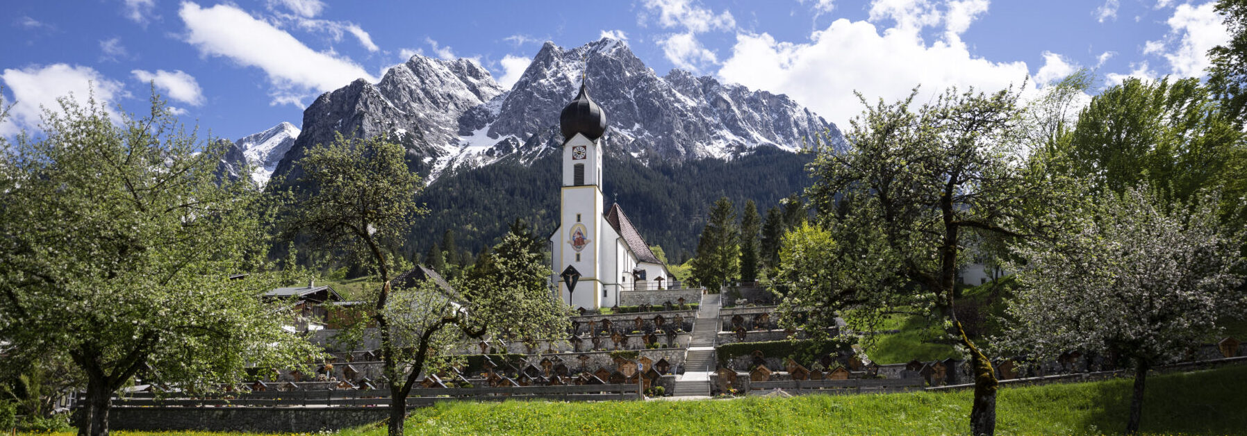 Frühjahrswiese mit Kirche und Berge