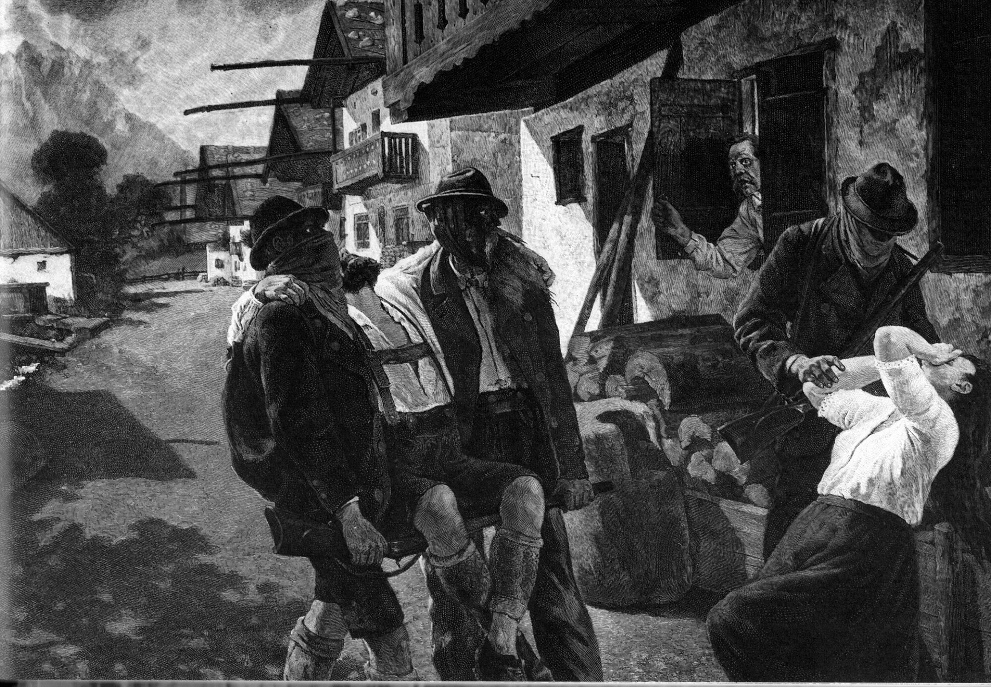 Historisches gezeichnetes Bild 1872 Garmisch, wahrscheinlich die Erschießung des Leo Ostler, "Brate"- Josef Bader